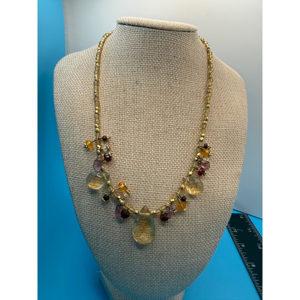 Cookie Lee Gold Tone Amber Purple Beaded Statement Bib Necklace Vintage Style